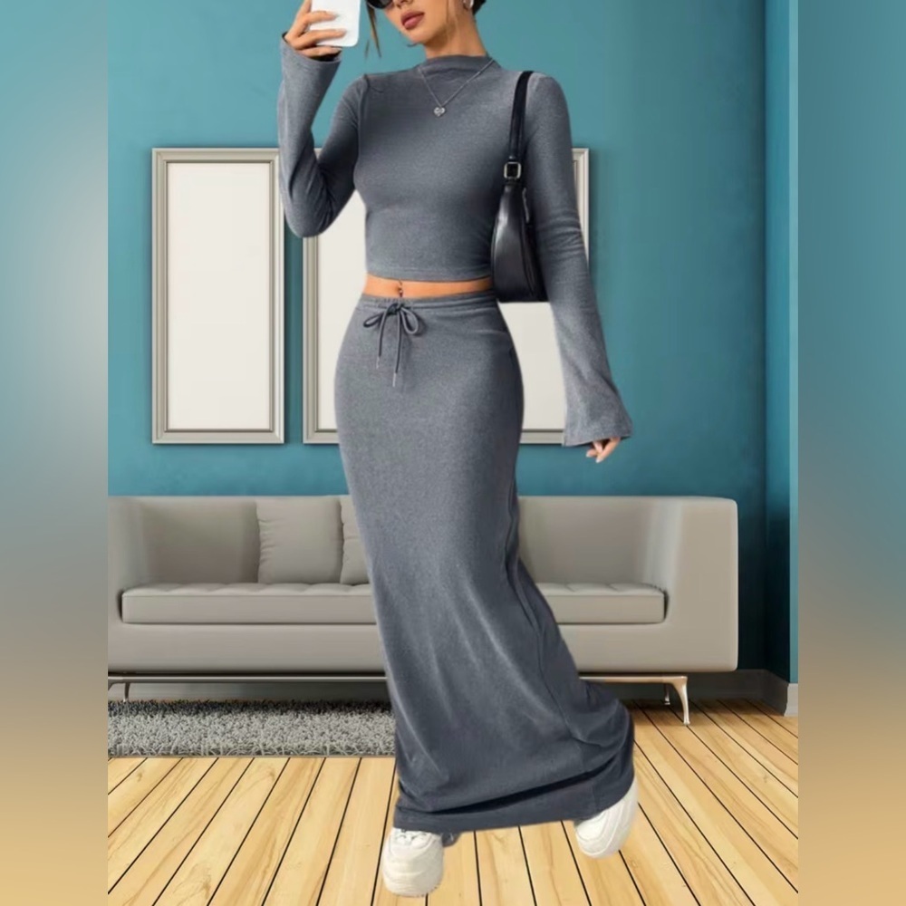 SHEIN Dark Gray Bodycon Maxi Skirt and Crop Top Long  Sleeve Set Size L